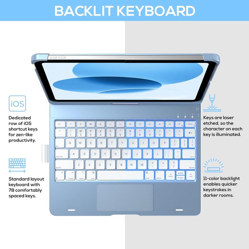 typecase Touch iPad 11th 10th Generation Case with Keyboard (11" 2025, A16 & 10.9" 2022) – 360° Rotatable, 11-Color Backlit, Multi-Touch Trackpad, Pencil Holder, Thin & Light – Sky Blue - Image 3